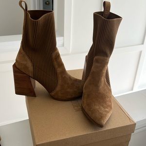 Steve Madden Teca Stretch Knit Bootie sock boot brown leather suede block heel